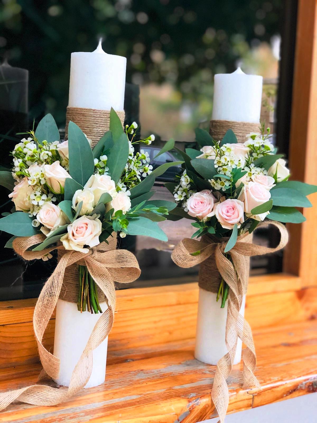 Lumanari nunta 40 cm, mix de flori pe buchetel