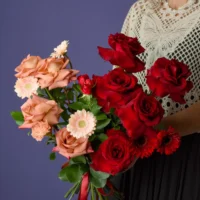 Buchet cu trandafiri roșii, trandafiri peach și gerbera